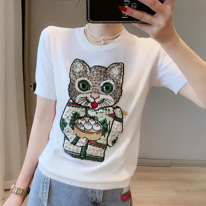Heavy Work Beaded Diamond Cat Embroidery Short Sleeve Knit T-Shirt For Women 2022 Summer New Fashion Pullover Tops f134
Heavy Work Beaded Diamond Cat Embroidery Short Sleeve Knit T-Shirt For Women 2022 Summer New Fashion Pullover Tops f134