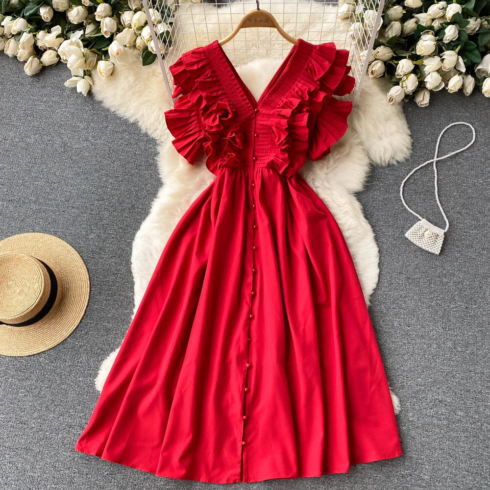 Summer Retro Women New Fashion Pleated Ruffled V-neck Elegant White Red A-line Dress Solid Color Single Breasted Vestidos E954
Summer Retro Women New Fashion Pleated Ruffled V-neck Elegant White Red A-line Dress Solid Color Single Breasted Vestidos E954