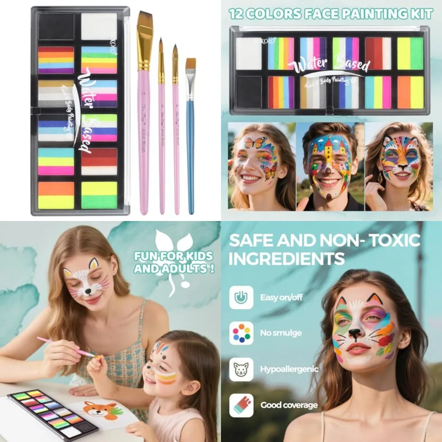 Face Painting Kit for Adults Split Cake Face Paint Palette Water Activated Face Paint with 4 Brushes Safe and Quick-Dry Perfect
Face Painting Kit for Adults Split Cake Face Paint Palette Water Activated Face Paint with 4 Brushes Safe and Quick-Dry Perfect