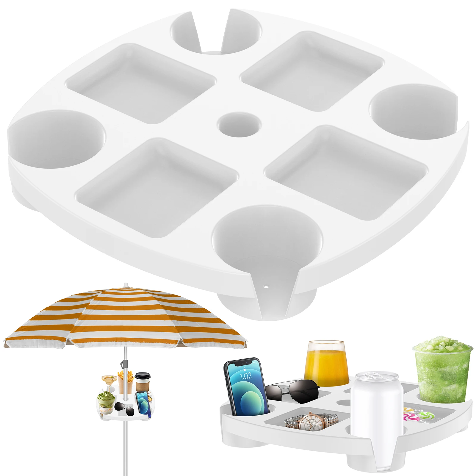 Umbrella Table Tray with 4 Cup Holders and 4 Snack Compartments Fit 38mm Umbrella Pole in Diameter Adjustable Umbrella Table
Umbrella Table Tray with 4 Cup Holders and 4 Snack Compartments Fit 38mm Umbrella Pole in Diameter Adjustable Umbrella Table