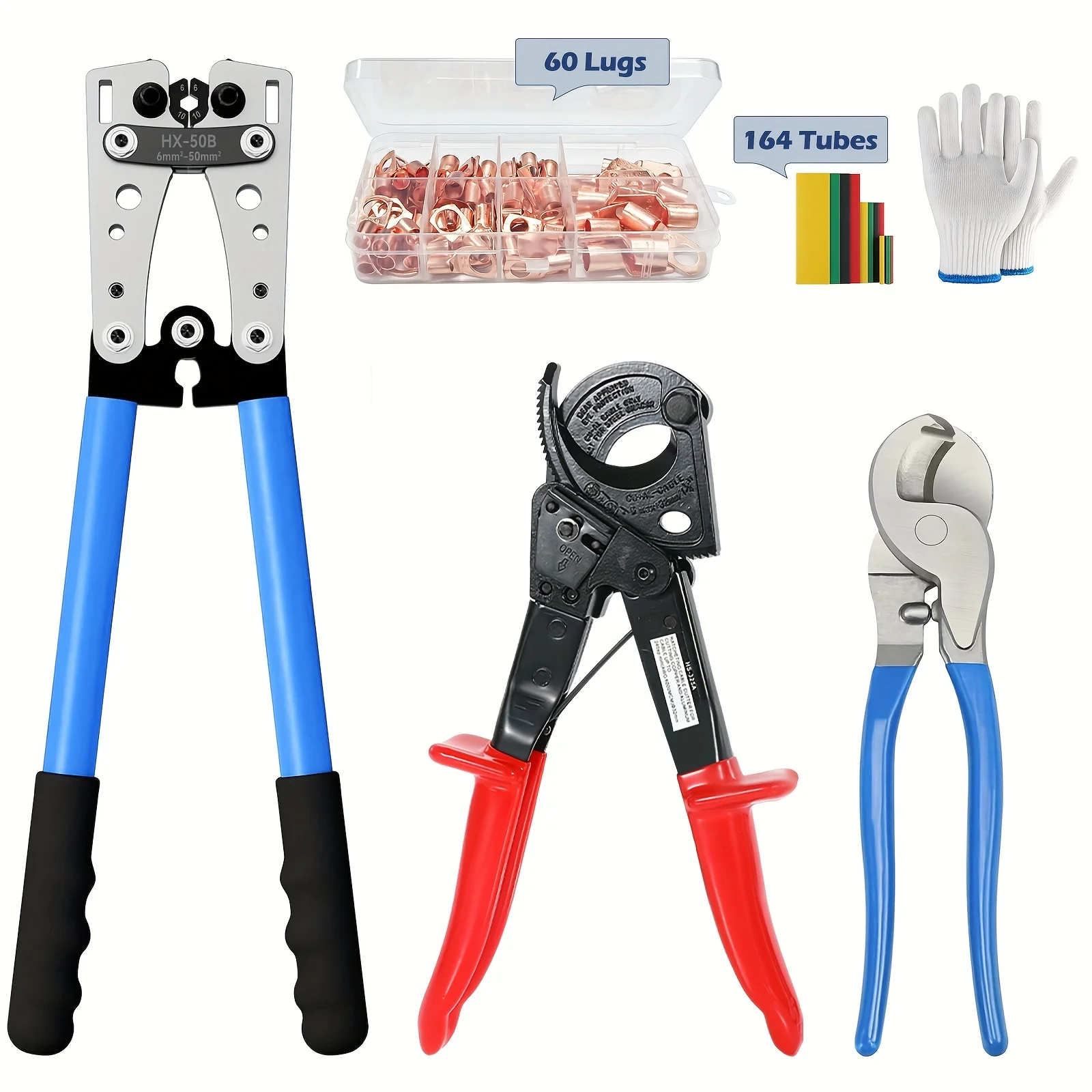 Crimper Tool/Crimper And Lugs And Tubes/ Crimper And 1 Cutter And Lugs And Tubes/ Crimper And 2 Cutters And Lugs And Tubes Heavy-Duty Durable Battery Cable Lug Wire Crimping Tool Set for AWG 8 - 1/0, 4 Set Options
Crimper Tool/Crimper And Lugs And Tubes/ Crimper And 1 Cutter And Lugs And Tubes/ Crimper And 2 Cutters And Lugs And Tubes Heavy-Duty Durable Battery Cable Lug Wire Crimping Tool Set for AWG 8 - 1/0, 4 Set Options