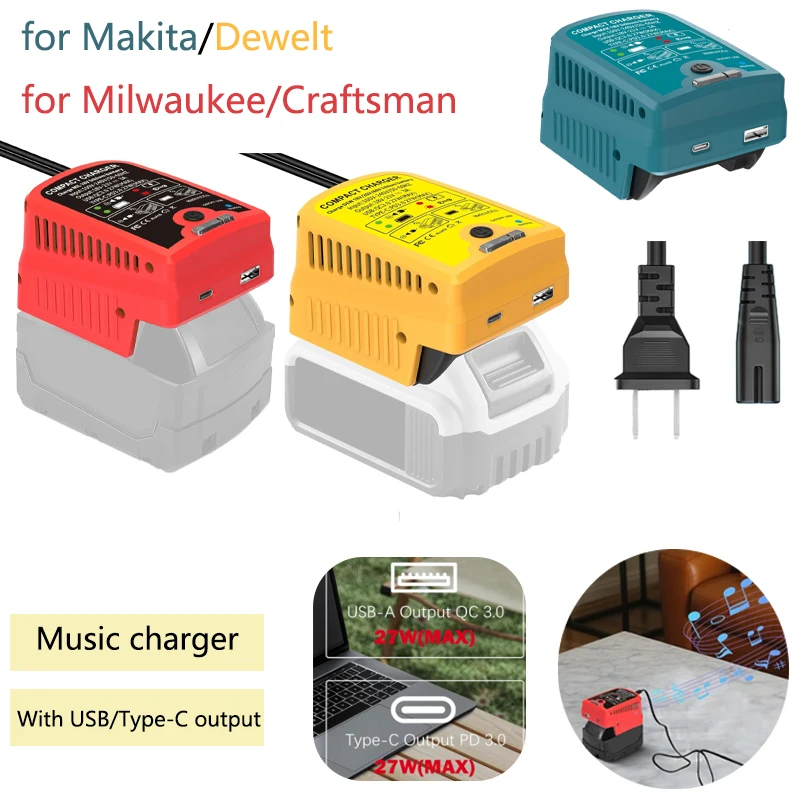 Зарядное устройство для Makita/Dewelt/Milwaukee/Craftsman 18 В 20 В с выходом USB Type-C 110 В 3 А для M18/BL1830/CMCB201/DCB206
Зарядное устройство для Makita/Dewelt/Milwaukee/Craftsman 18 В 20 В с выходом USB Type-C 110 В 3 А для M18/BL1830/CMCB201/DCB206
