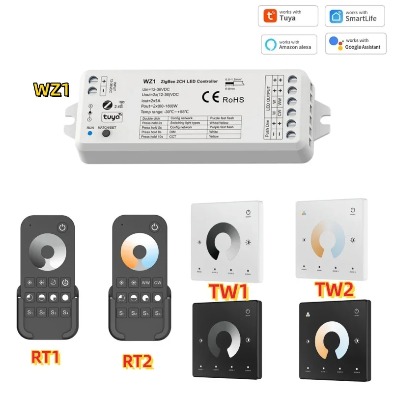 RT1 RT2 TW1 TW2 ZigBee 2CH*5A Wireless RF Dimmer WZ1 Tuya LED Controller DC12-24V 36V for Single Color CCT LED Strip Light Lamp
RT1 RT2 TW1 TW2 ZigBee 2CH*5A Wireless RF Dimmer WZ1 Tuya LED Controller DC12-24V 36V for Single Color CCT LED Strip Light Lamp
