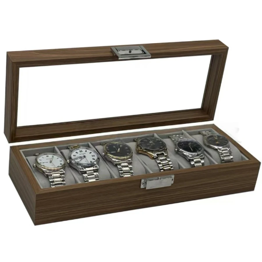 Elegant Walnut Finish Wooden Watch Box, 6 Slots. Glass Top Display Case, Soft Interior. Durable Organizer for Men. Perfect Gift.
Elegant Walnut Finish Wooden Watch Box, 6 Slots. Glass Top Display Case, Soft Interior. Durable Organizer for Men. Perfect Gift.