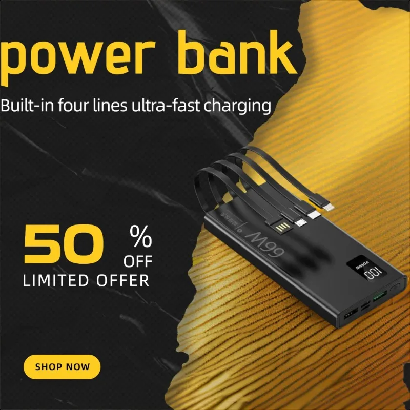 20000mAh Large Capacity Power Bank with 66W Super Fast Charging and Built-in Cable
20000mAh Large Capacity Power Bank with 66W Super Fast Charging and Built-in Cable