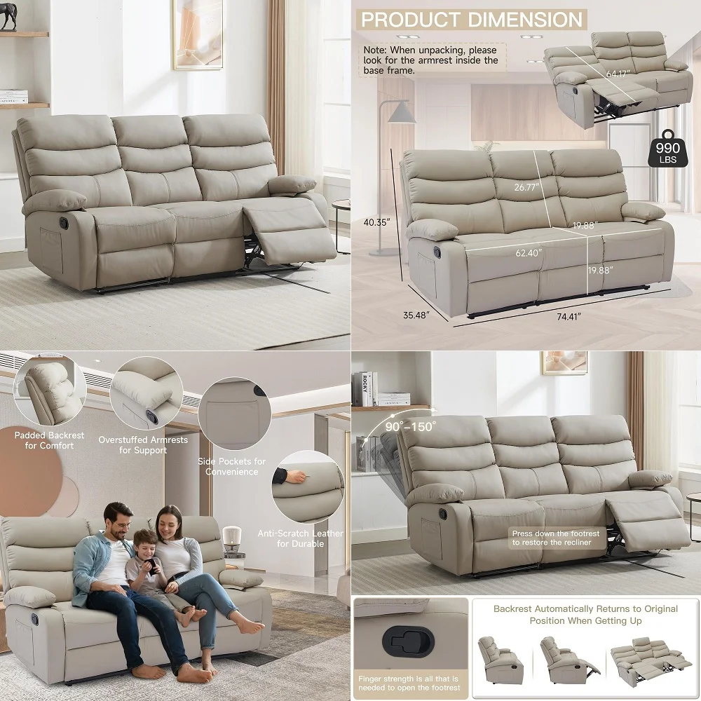 Recliner Sofa Set, Small Leather Couch 3Seater Manual Seater Reclining, Triple Recliner Chair for Living Room, RV, Home Theater
Recliner Sofa Set, Small Leather Couch 3Seater Manual Seater Reclining, Triple Recliner Chair for Living Room, RV, Home Theater