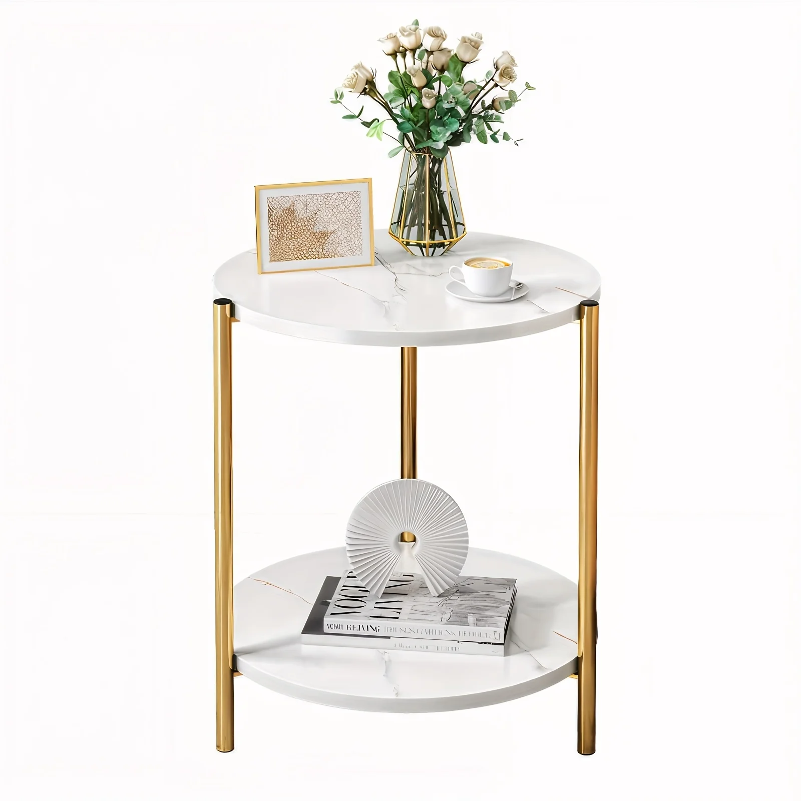 White Marble-Patterned Round Coffee Table, Double-Layer Storage Design, Artistic Modern Roostertail Table in White and Golden, Perfect for Living Room, Bedroom, Daily Use, Decoration, Or as A Gift
White Marble-Patterned Round Coffee Table, Double-Layer Storage Design, Artistic Modern Roostertail Table in White and Golden, Perfect for Living Room, Bedroom, Daily Use, Decoration, Or as A Gift