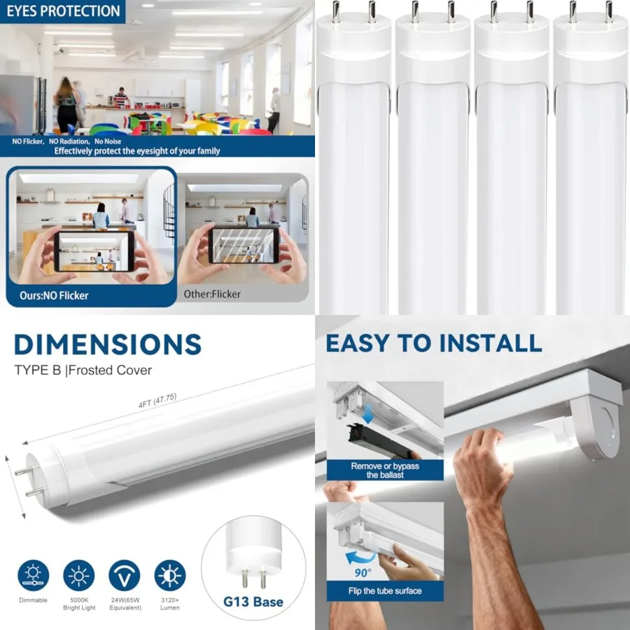 Dimmable T8 LED Type B Light Bulbs 4 Feet, 3120+Lumens, 5000K Daylight White, 24W 65W Equivalent,4Feet Fluorescent Tube Replace
Dimmable T8 LED Type B Light Bulbs 4 Feet, 3120+Lumens, 5000K Daylight White, 24W 65W Equivalent,4Feet Fluorescent Tube Replace
