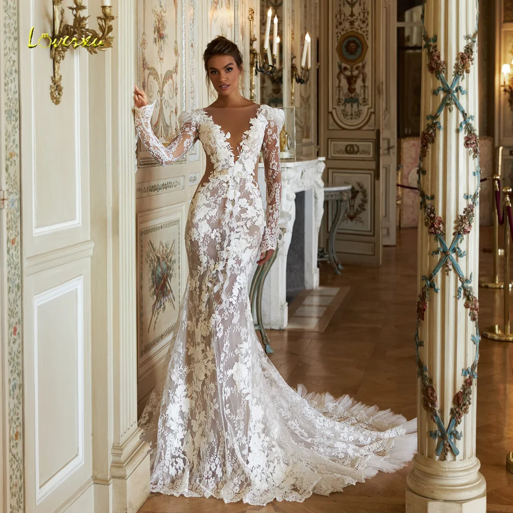Loverxu Mermaid Sexy Wedding Dresses V-Neck Long Sleeve Vestido De Novia Lace Embroidery 3D Flowers Custom Made Robe De Mariee
Loverxu Mermaid Sexy Wedding Dresses V-Neck Long Sleeve Vestido De Novia Lace Embroidery 3D Flowers Custom Made Robe De Mariee
