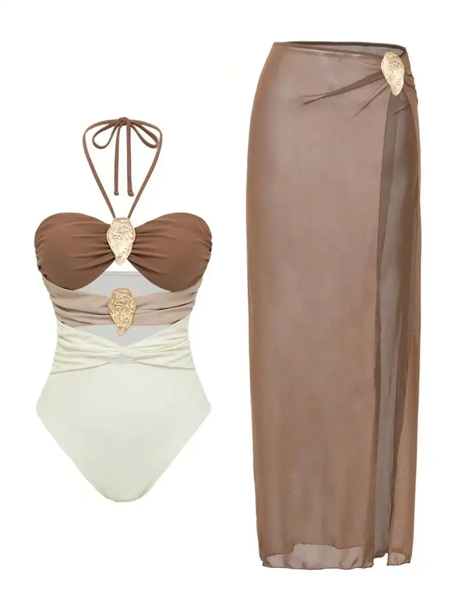 Women Two Piece Halter Swimsuit With Mesh Cover Up Skirt Beach Set
Women Two Piece Halter Swimsuit With Mesh Cover Up Skirt Beach Set