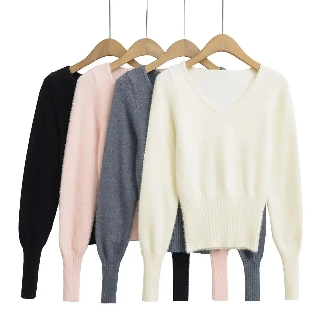 Slim Fit V-Ne Пушистый вязаный свитер женский осенне-зимний новый Sle Overhead Base irt Top Ins Long Sve ort Length 
Slim Fit V-Ne Пушистый вязаный свитер женский осенне-зимний новый Sle Overhead Base irt Top Ins Long Sve ort Length