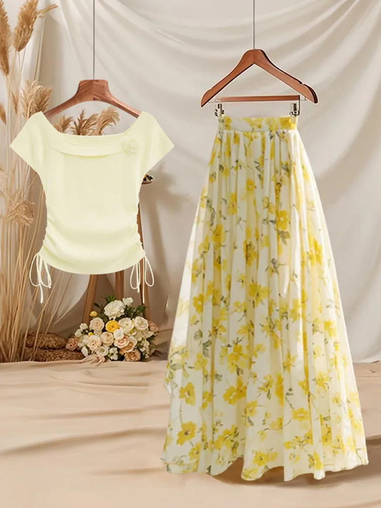 Summer Floral Print Drawstring Short Sleeve Top And Skirt Set Women's Fashion Loose Fit Two-Piece Outfit Sweet Dopaamine Design
Summer Floral Print Drawstring Short Sleeve Top And Skirt Set Women's Fashion Loose Fit Two-Piece Outfit Sweet Dopaamine Design
