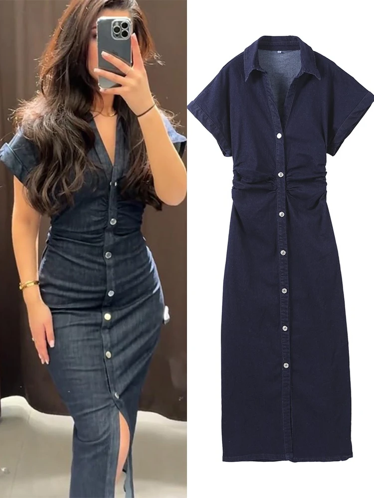 Lapel Denim Pleat Midi Dress Women Elegant Turn-down Collar Short Sleeve Single Breasted Slim Fit Dresses Chic Lady Commute Robe
Lapel Denim Pleat Midi Dress Women Elegant Turn-down Collar Short Sleeve Single Breasted Slim Fit Dresses Chic Lady Commute Robe