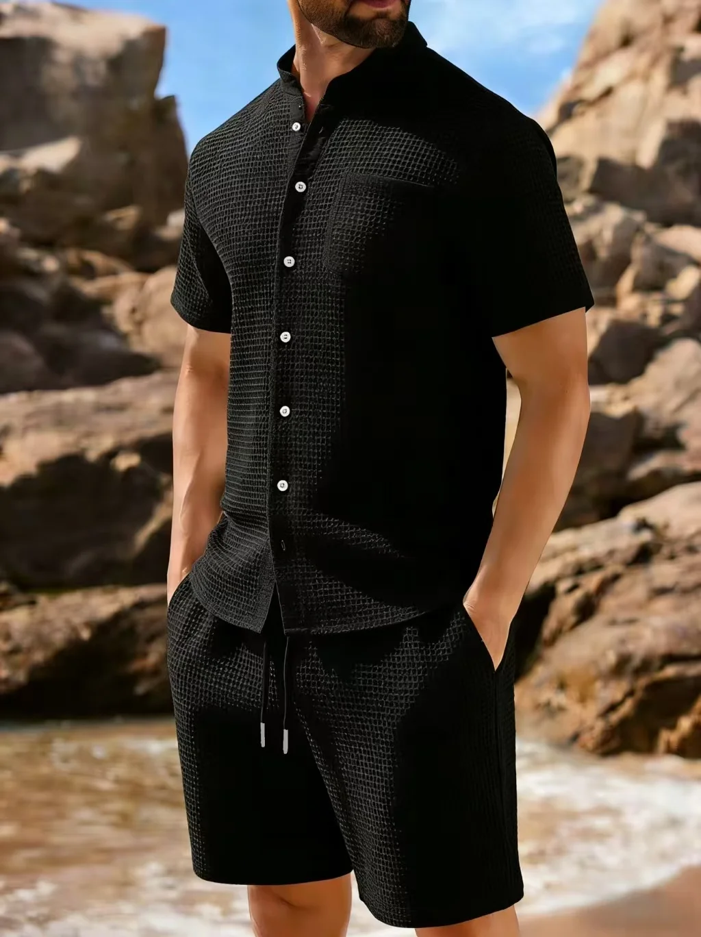 Men's summer casual two-piece set solid color short sleeved V-neck shirt shorts breathable set simple men's thin style
Men's summer casual two-piece set solid color short sleeved V-neck shirt shorts breathable set simple men's thin style
