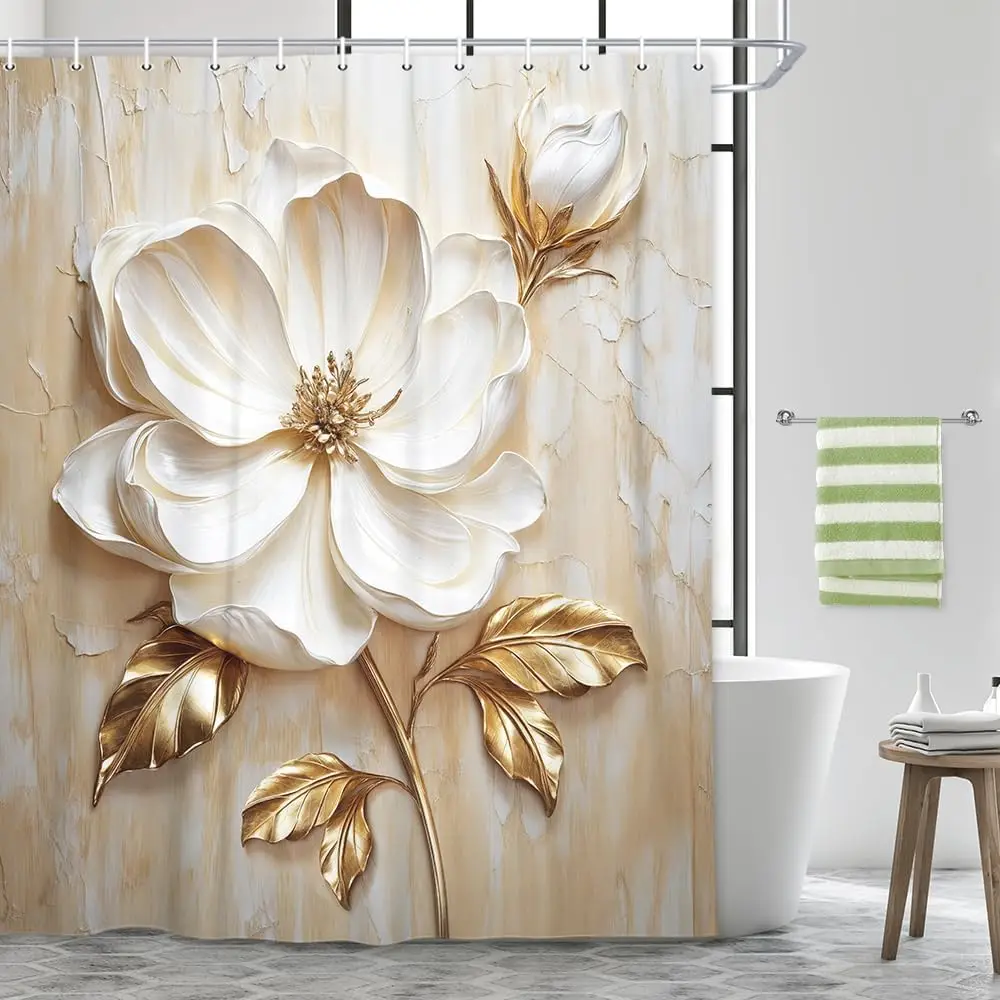 Beige Floral Shower Curtain with White Flower and Gold Leaves Elegant Design for Bathroom
Beige Floral Shower Curtain with White Flower and Gold Leaves Elegant Design for Bathroom