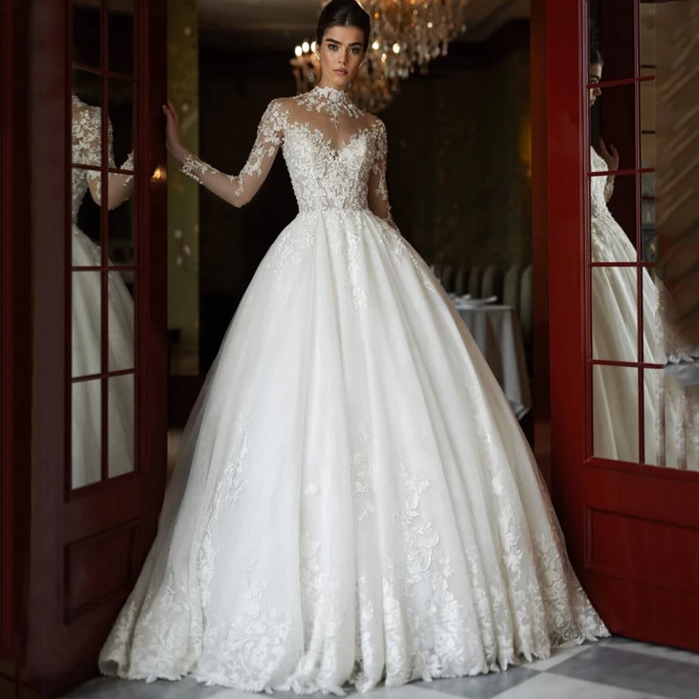 Gorgeous Tulle High Wedding Dress Illusion Long Sleeve Applique Luxury A-Line Floor Length Bride Sweep Train Gown Customized
Gorgeous Tulle High Wedding Dress Illusion Long Sleeve Applique Luxury A-Line Floor Length Bride Sweep Train Gown Customized