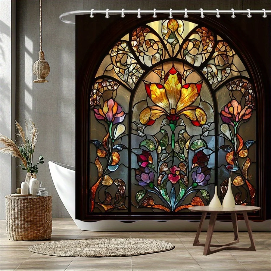 Stained Glass Iris Shower Curtain – Yellow, Red, Orange & Purple Flowers, Arched Panel Design, 2D Flat Print, Polyester
Stained Glass Iris Shower Curtain – Yellow, Red, Orange & Purple Flowers, Arched Panel Design, 2D Flat Print, Polyester