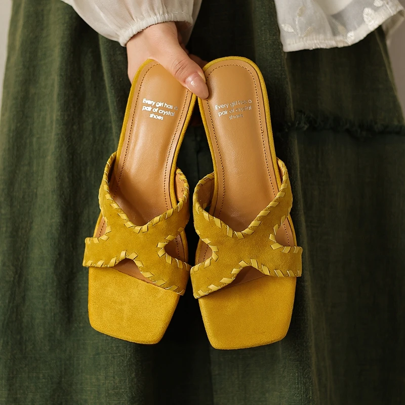 Women's new summer genuine leather sheepskin sheep suede woven middle heel exposed toe retro fish mouth shoes fashion slippers
Women's new summer genuine leather sheepskin sheep suede woven middle heel exposed toe retro fish mouth shoes fashion slippers