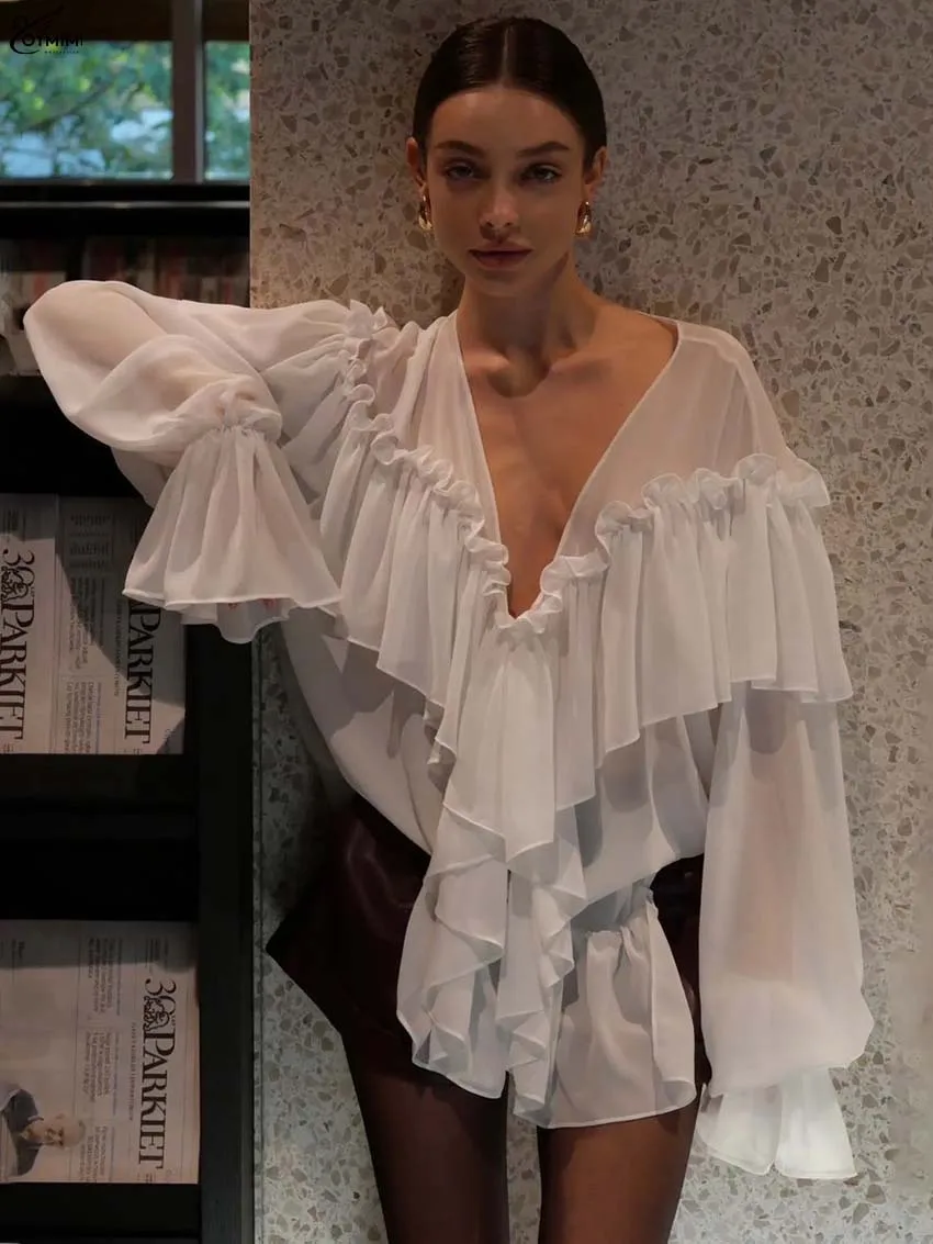 Oymimi Fashion White Deep V-Neck Woman Blouses Elegant Long Sleeve Translucent Loose Blouse Casual Ruffled Solid Blouses Female
Oymimi Fashion White Deep V-Neck Woman Blouses Elegant Long Sleeve Translucent Loose Blouse Casual Ruffled Solid Blouses Female