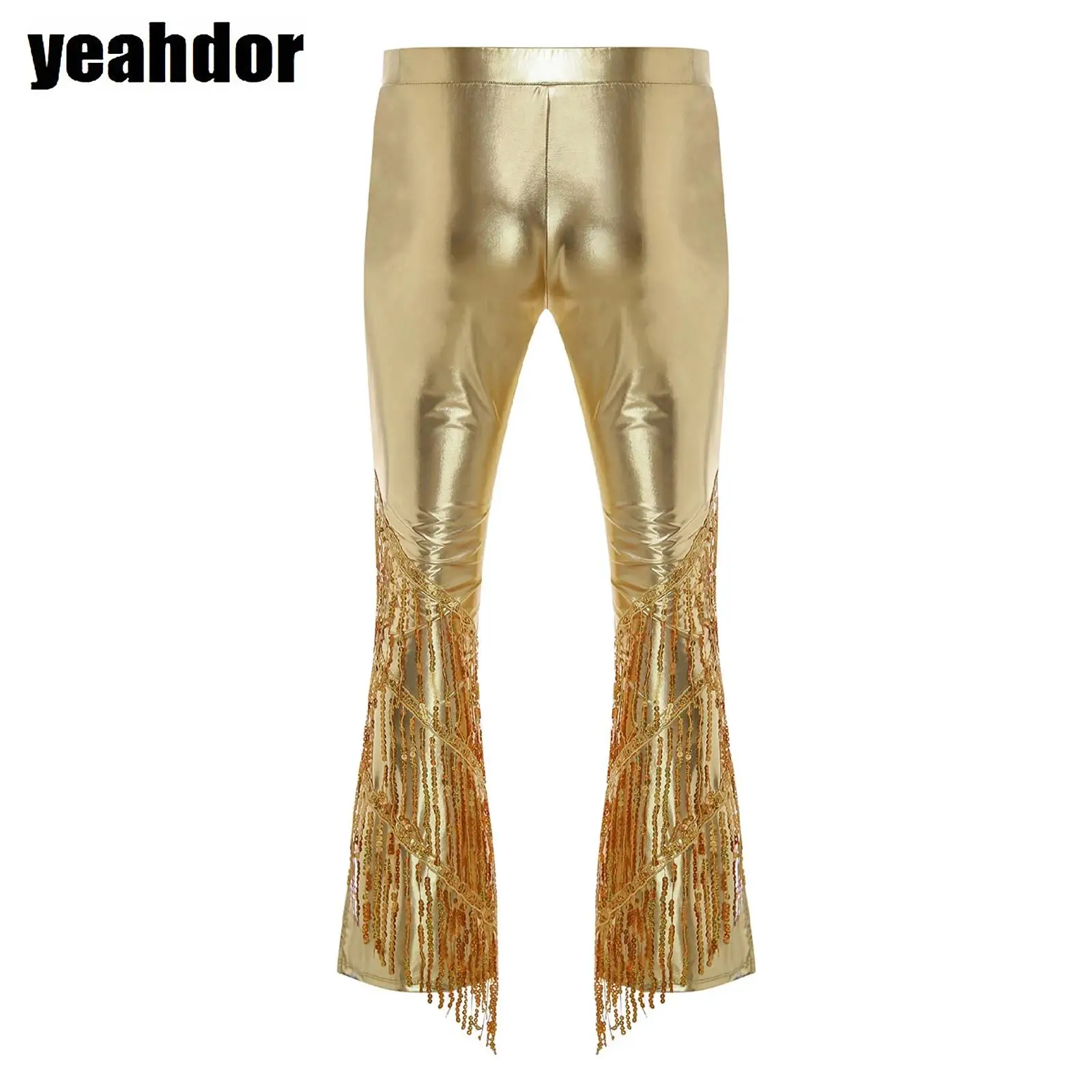 Men 70s Disco Metallic Shiny Long Pants with Slit Bell Bottom Flared Sequin Tassel Dance Trousers for Raves Jazz Music Festival
Men 70s Disco Metallic Shiny Long Pants with Slit Bell Bottom Flared Sequin Tassel Dance Trousers for Raves Jazz Music Festival