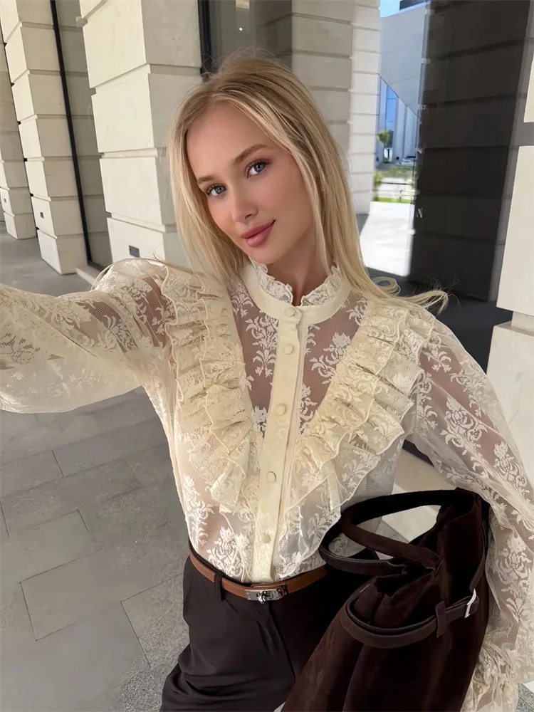 Summer Women's Fashion Blouses Lace Ruffled Printed Shirts Female See-Through Patchwork Lace-Up Long Sleeve Commute Clothes Top
Summer Women's Fashion Blouses Lace Ruffled Printed Shirts Female See-Through Patchwork Lace-Up Long Sleeve Commute Clothes Top
