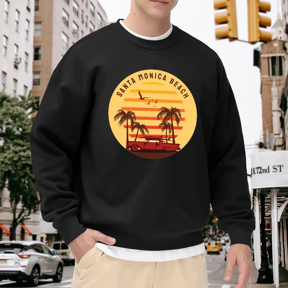 Men's Black Crewneck Sweatshirt, Vintage Santa Monica Beach Print Top, Loose Casual Versatile Style, Comfortable Pullover for Everyday Street Wear
Men's Black Crewneck Sweatshirt, Vintage Santa Monica Beach Print Top, Loose Casual Versatile Style, Comfortable Pullover for Everyday Street Wear