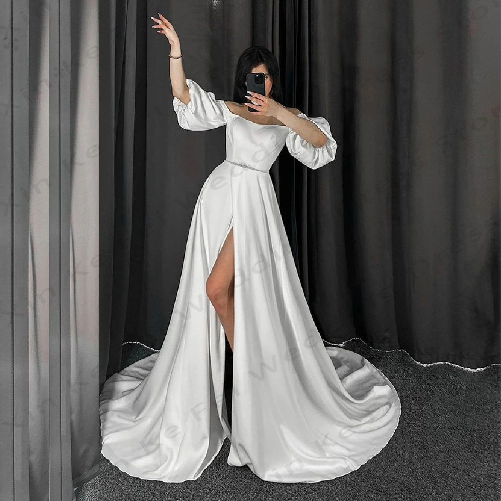 Gorgeous Satin Romantic Wedding Dresses A-Line Sexy Mermaid Off Shoulder Fluffy Sleeves With High Slit Bride Gowns Custom Made
Gorgeous Satin Romantic Wedding Dresses A-Line Sexy Mermaid Off Shoulder Fluffy Sleeves With High Slit Bride Gowns Custom Made