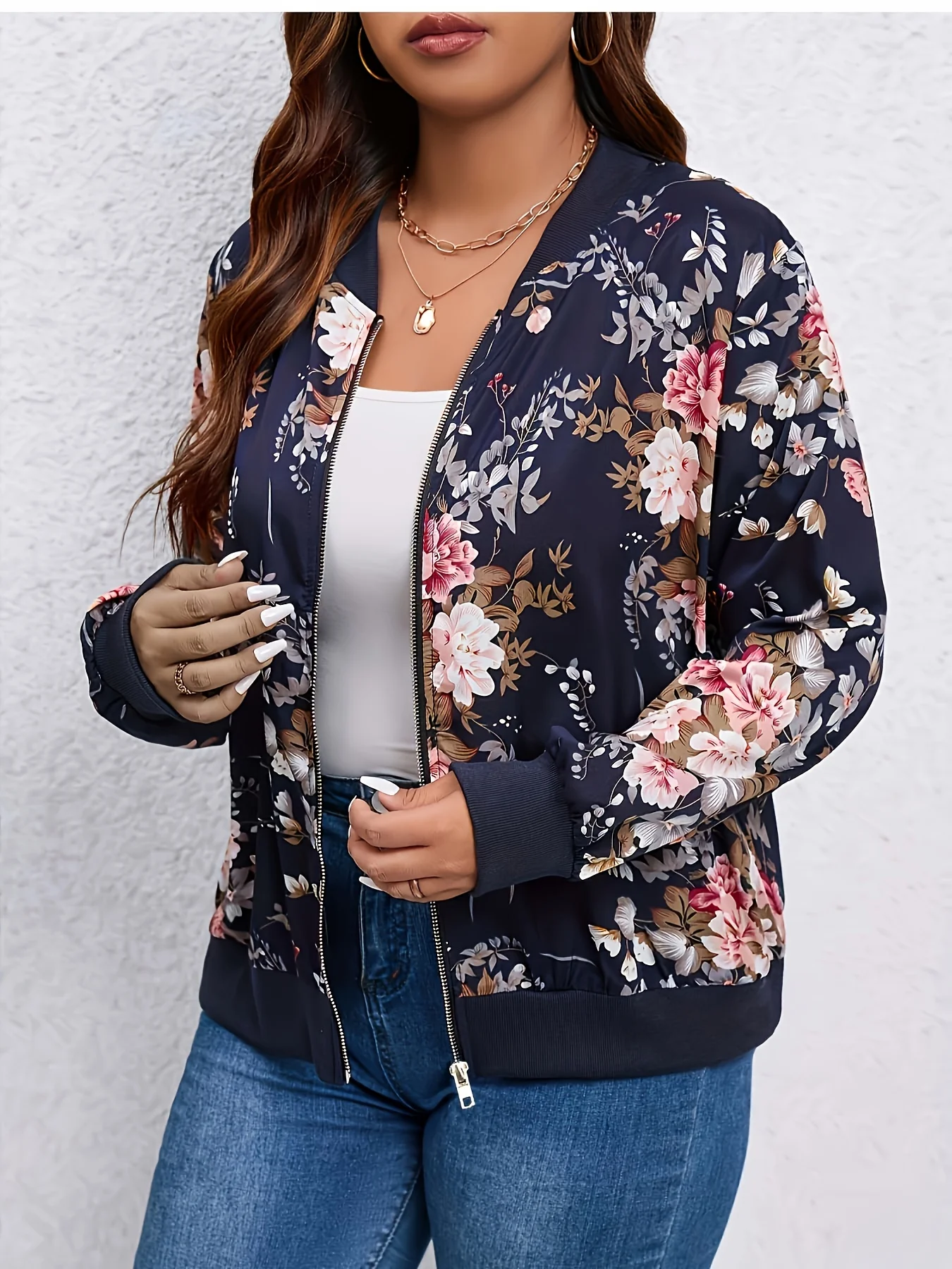 Plus size women's navy blue floral print baseball jacket zipper casual slimming stand collar jacket coat
Plus size women's navy blue floral print baseball jacket zipper casual slimming stand collar jacket coat