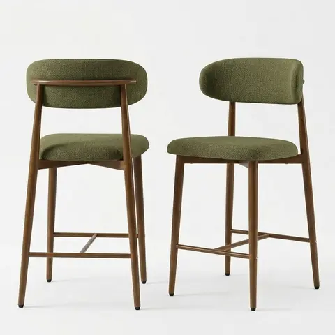 Set of 2 Green Upholstered Counter Height Bar Stools Modern Metal Legs Kitchen Island Dining Chairs