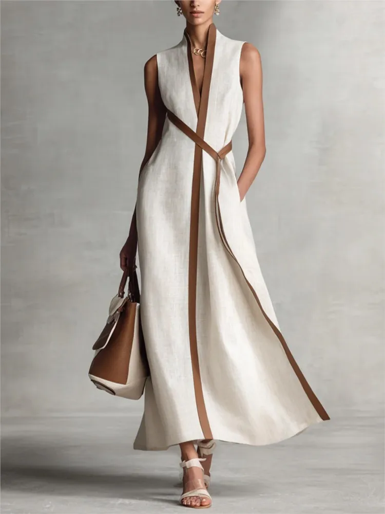 Contrast Color Sleeveless Elegant Slim-fit Dress Lace Up Simple Loose Fashionable Women's V-neck Cotton Linen Solid Long Dress
Contrast Color Sleeveless Elegant Slim-fit Dress Lace Up Simple Loose Fashionable Women's V-neck Cotton Linen Solid Long Dress