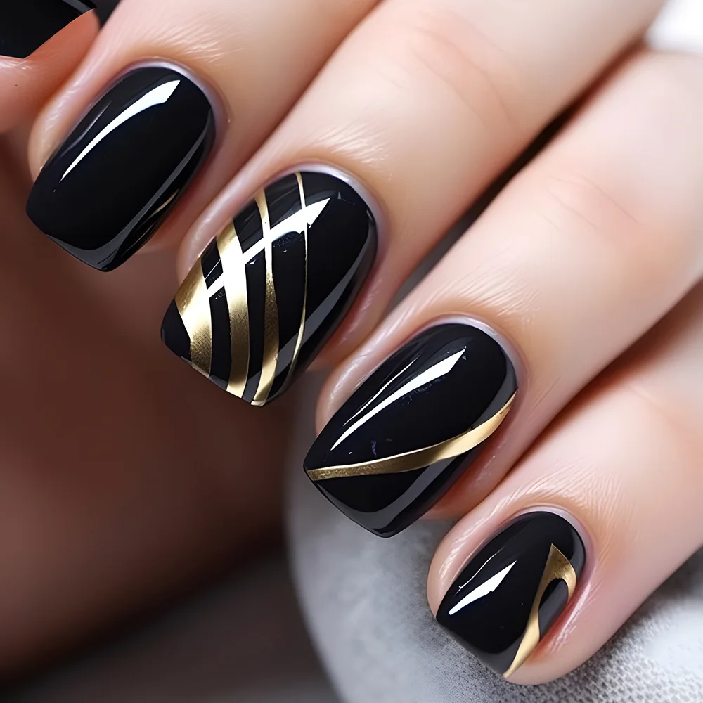24pcs Pure Black Press-On Nails with Gold Line Art, Vintage & Premium Style, Short Coffin Shape, Assorted Sizes
24pcs Pure Black Press-On Nails with Gold Line Art, Vintage & Premium Style, Short Coffin Shape, Assorted Sizes