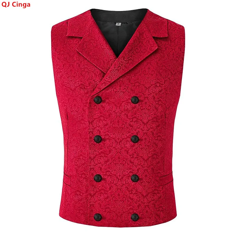 Cuban-style Men's Double-breasted Vests; Sleeveless Vest Jacket in Red Jacquard Fabric, Available in White and Black.
Cuban-style Men's Double-breasted Vests; Sleeveless Vest Jacket in Red Jacquard Fabric, Available in White and Black.