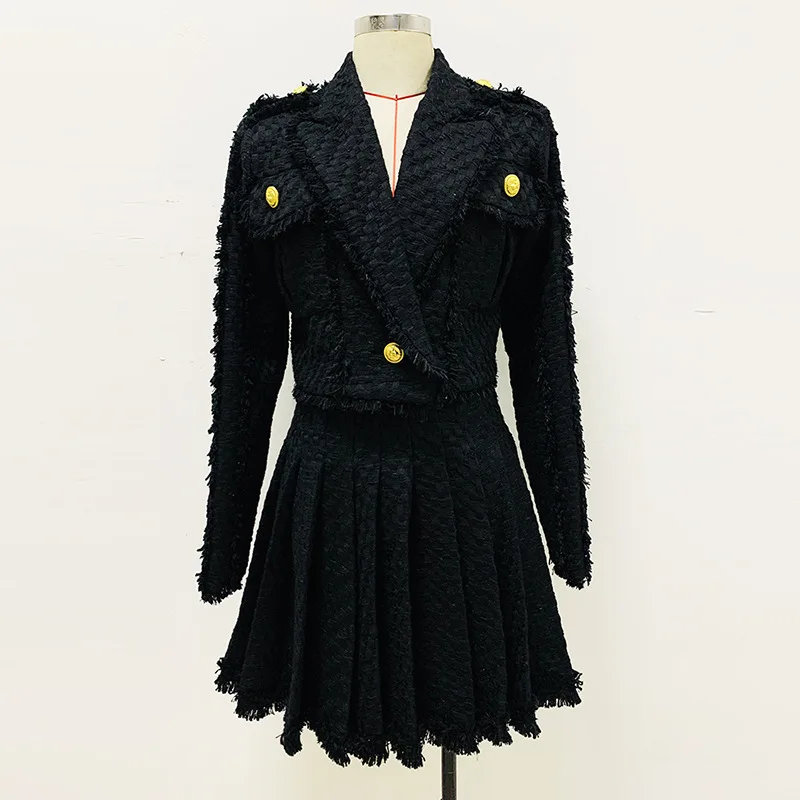 Vintage Tweed Lady Office Tassels Suit Single Button Short Length Blazer Pleated Mini Skirt Women 2Pcs
Vintage Tweed Lady Office Tassels Suit Single Button Short Length Blazer Pleated Mini Skirt Women 2Pcs