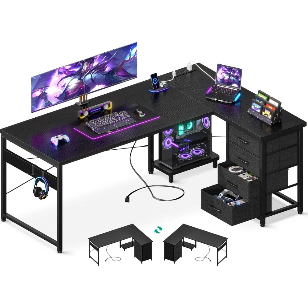 61'' L Shaped Desk with 4 Drawers, Reversible Corner Desk with Storage, Gaming Table with Power Outlets, USB Ports, PC Case She
61'' L Shaped Desk with 4 Drawers, Reversible Corner Desk with Storage, Gaming Table with Power Outlets, USB Ports, PC Case She