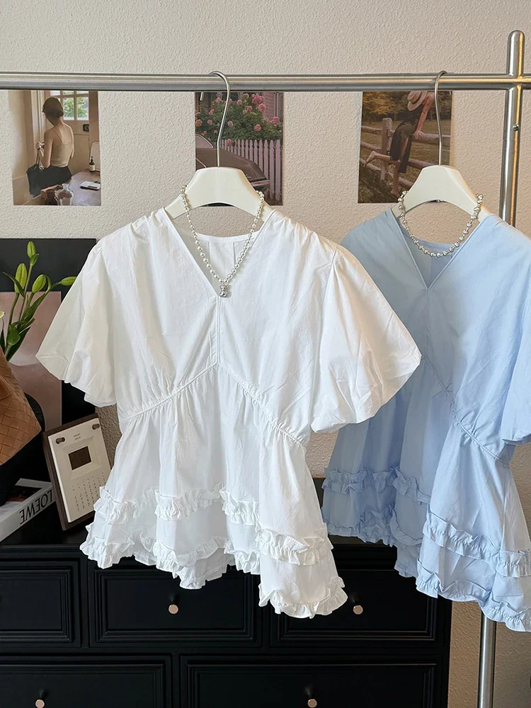 Лето 2022, новая модная блузка с v-образным вырезом, белая рубашка с пышными рукавами, женская милая футболка с короткими рукавами, топ с рюшами, женская одежда
Лето 2022, новая модная блузка с v-образным вырезом, белая рубашка с пышными рукавами, женская милая футболка с короткими рукавами, топ с рюшами, женская одежда