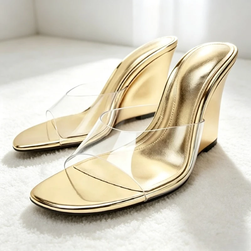 Unique Gold Wedge Women Slippers Sexy Open Toe Transparent Pvc Strap Design Heeled Sandals for Ladies Summer Elegant Women Shoes
Unique Gold Wedge Women Slippers Sexy Open Toe Transparent Pvc Strap Design Heeled Sandals for Ladies Summer Elegant Women Shoes