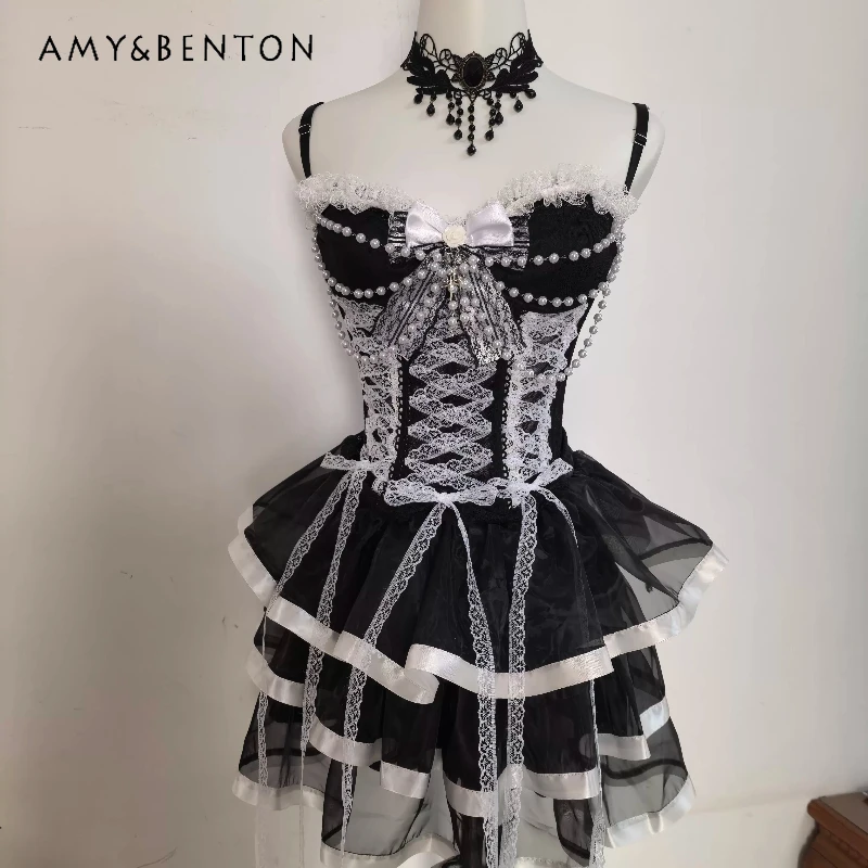 Gothic Dark Subculture Design Hot Girl Female Sling 2026 Summer New Black White Lace Splicing Bow Beaded Puffy Skirt Suit Women
Gothic Dark Subculture Design Hot Girl Female Sling 2026 Summer New Black White Lace Splicing Bow Beaded Puffy Skirt Suit Women