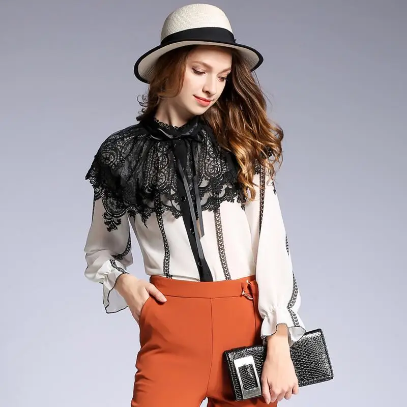 Retro bowknot chiffon Shirts Lace Striped Blouses Ruffles Ribbons Tie Stand Collar Flare sleeves Stitching Slim Button Tops 2018
Retro bowknot chiffon Shirts Lace Striped Blouses Ruffles Ribbons Tie Stand Collar Flare sleeves Stitching Slim Button Tops 2018