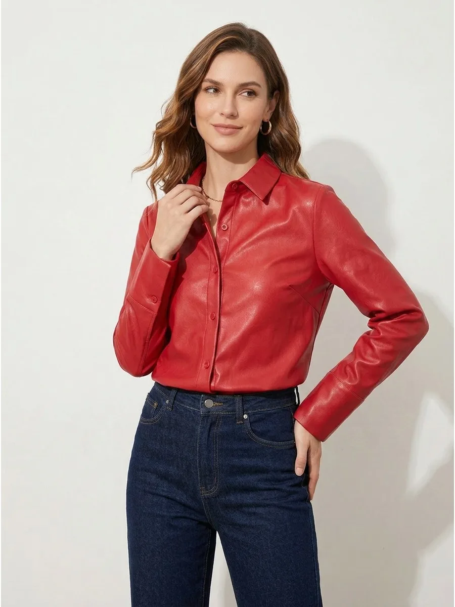 Freeacy 2026 New Women's Classic Point Collar Faux Leather Shirt Button Front Long Sleeve PU Leather Elegant Blouse Top
Freeacy 2026 New Women's Classic Point Collar Faux Leather Shirt Button Front Long Sleeve PU Leather Elegant Blouse Top