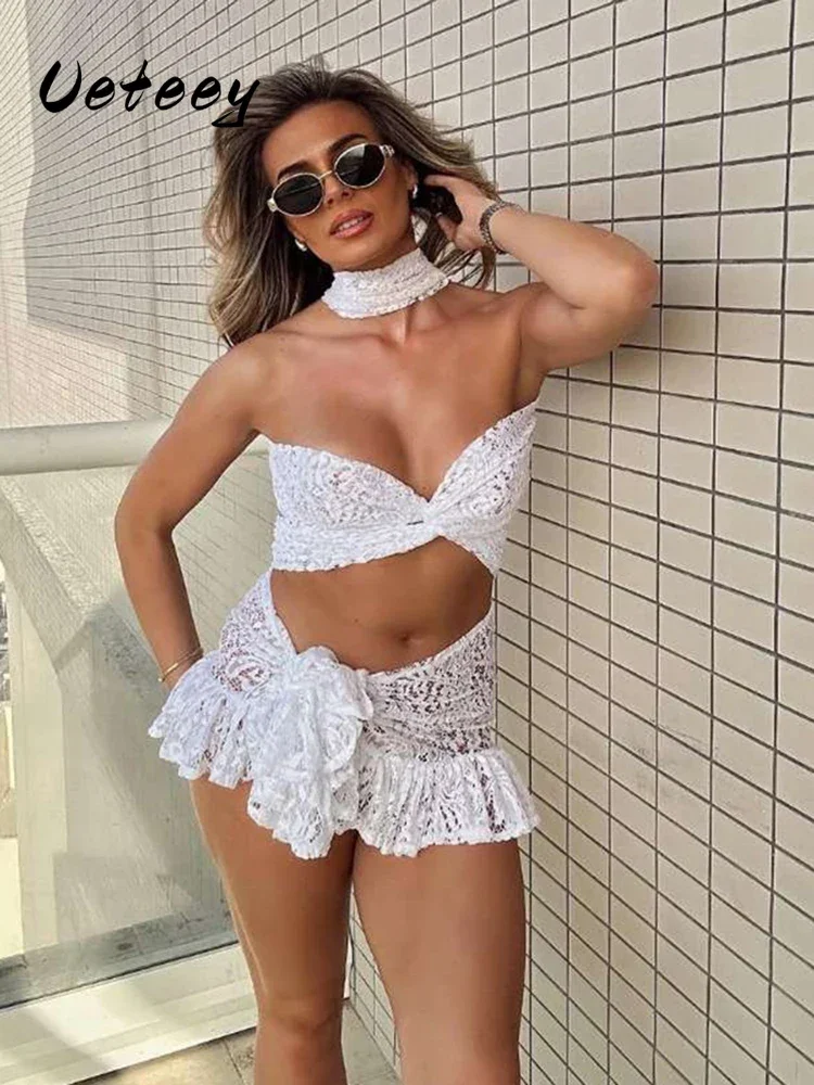 Ueteey Sexy See Through 2 Piece Set Women Halter Cross Low-Neck Bandages Mini Tops+Ruched Lace-Up Skirts Y2K Style Outfits
Ueteey Sexy See Through 2 Piece Set Women Halter Cross Low-Neck Bandages Mini Tops+Ruched Lace-Up Skirts Y2K Style Outfits
