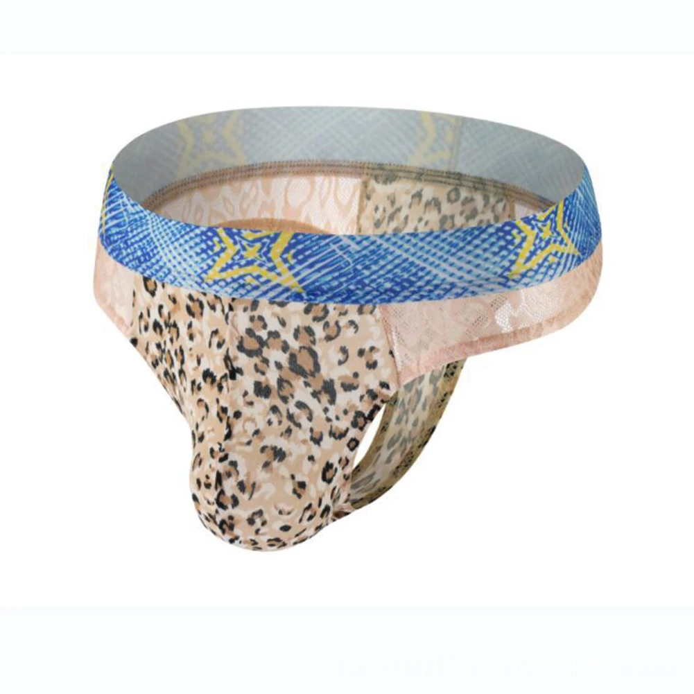 Сексуальные леопардовые сетчатые тонкие стринги с Т-образной спинкой, тонкие мужские тонкие стринги, нижнее белье, гей-шорты, трусы A50