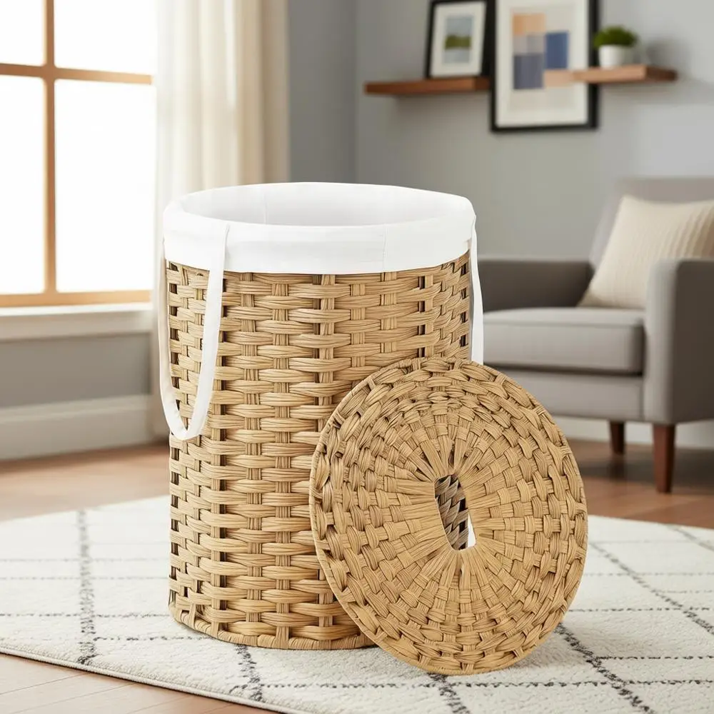 Круглая плетеная корзина для белья с крышкой, 19,0 галлонов, со съемным вкладышем, 2 сетчатых кармана, натуральный цвет, для гостиной или ванной комнаты
Круглая плетеная корзина для белья с крышкой, 19,0 галлонов, со съемным вкладышем, 2 сетчатых кармана, натуральный цвет, для гостиной или ванной комнаты