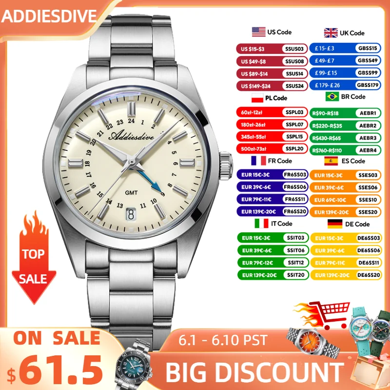 ADDIESDIVE New 36mm GMT Watch Men 100m Waterproof AR Coating Domed Glass Calendar 316L Stainless Steel Dress Men's Watch reloj
ADDIESDIVE New 36mm GMT Watch Men 100m Waterproof AR Coating Domed Glass Calendar 316L Stainless Steel Dress Men's Watch reloj