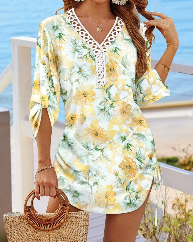Flower Print V-Neck Hollow Slit Drawstring Smoked Dress, Summer Sexy Vacation Style Semi Transparent Long Sleeved Hooded Dress
Flower Print V-Neck Hollow Slit Drawstring Smoked Dress, Summer Sexy Vacation Style Semi Transparent Long Sleeved Hooded Dress