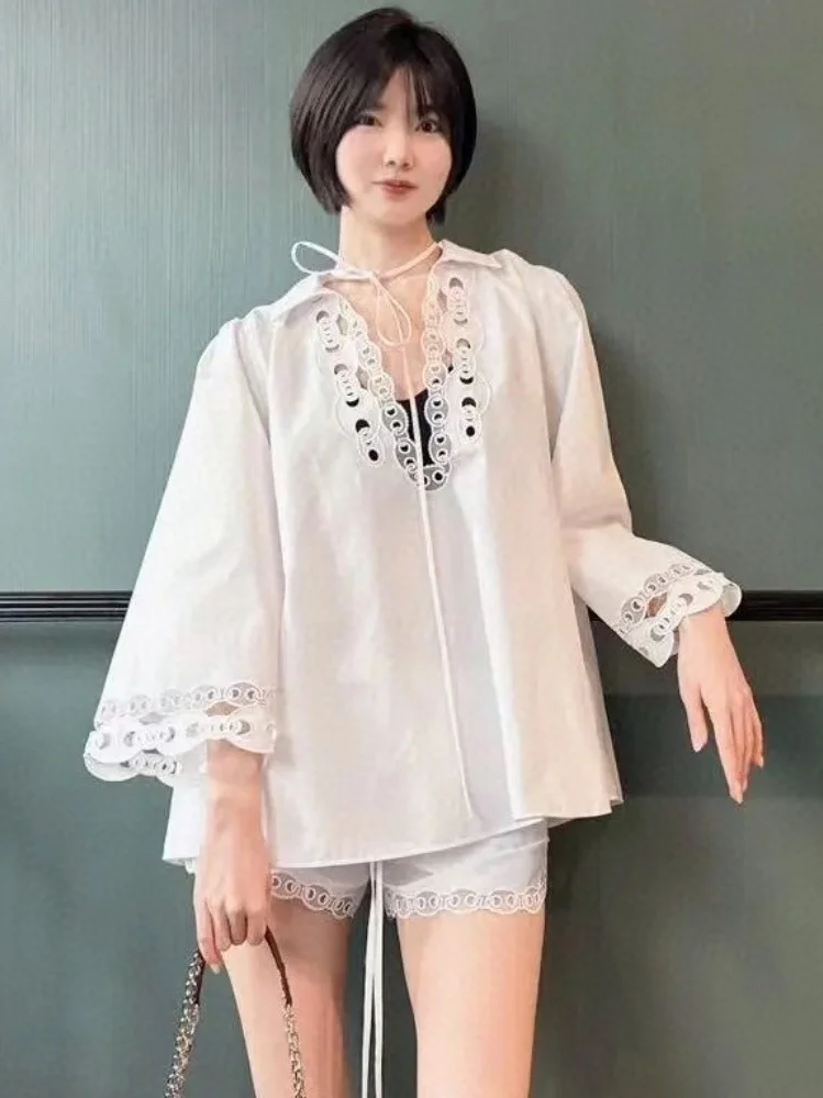 Stylish and Unique Women's Summer Blouse - Elegant Lace-Up, Hollow-Out Design, Premium White Color
Stylish and Unique Women's Summer Blouse - Elegant Lace-Up, Hollow-Out Design, Premium White Color