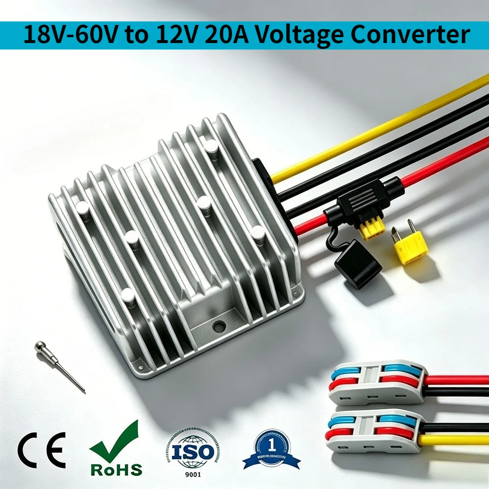DC 18V-60V to 12V 20A Voltage Converter with Fuse Step Down Regulator Buck Reducer Power Converter Transformer for Golf Cart
DC 18V-60V to 12V 20A Voltage Converter with Fuse Step Down Regulator Buck Reducer Power Converter Transformer for Golf Cart