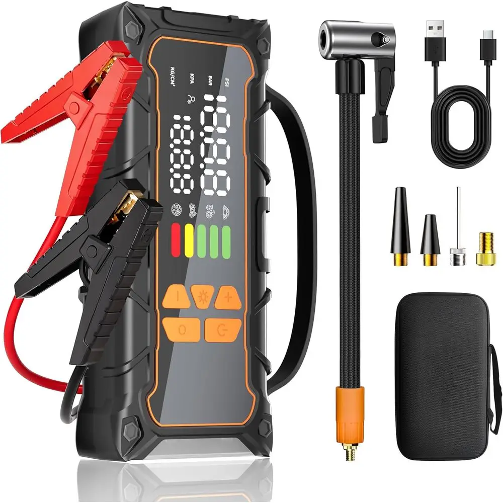 Portable 12V 4000A Jump Starter with Air Compressor, 160PSI Tire Inflator, 10000mAh Power Bank, LED Light
Portable 12V 4000A Jump Starter with Air Compressor, 160PSI Tire Inflator, 10000mAh Power Bank, LED Light
