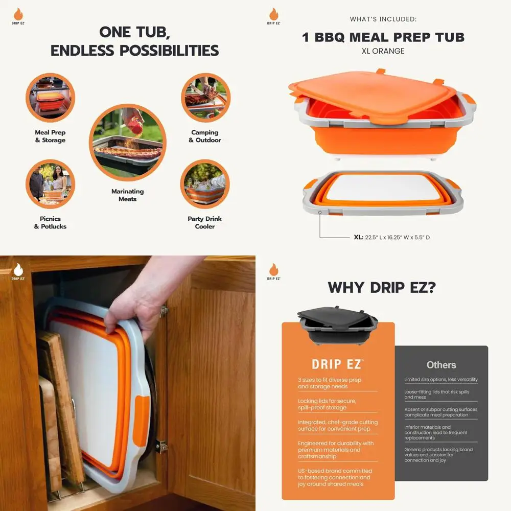 Extra Large Collapsible BBQ Prep Tub with Cutting Board and Locking Lid for Meal Prep, Marinating, and Food Storage - Orange
Extra Large Collapsible BBQ Prep Tub with Cutting Board and Locking Lid for Meal Prep, Marinating, and Food Storage - Orange