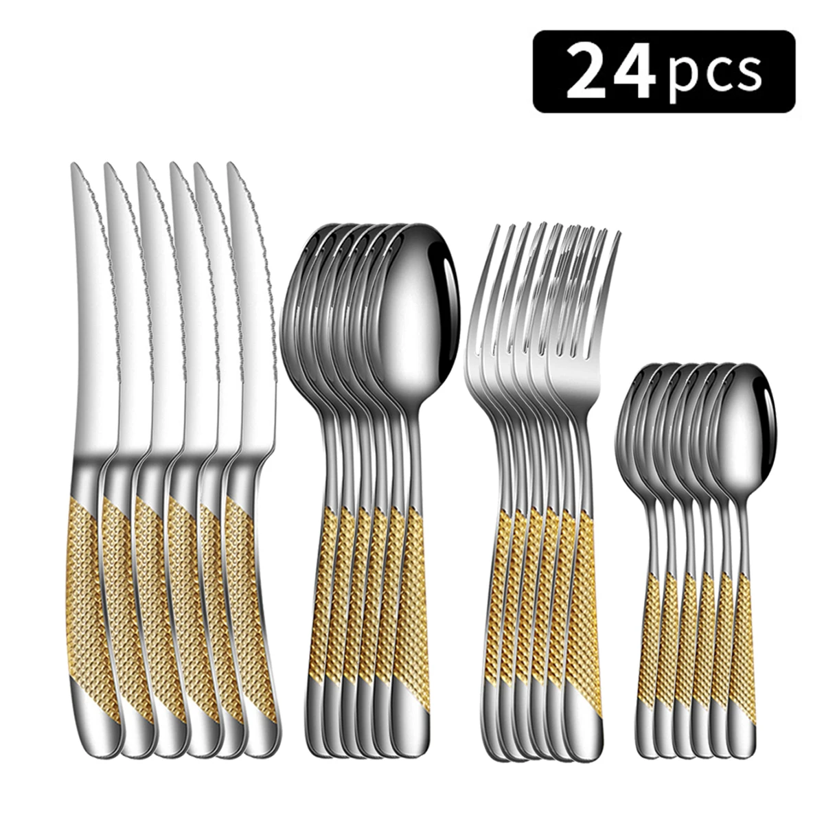 24pc Stainless steel tableware star steak knife and fork dessert fork spoon family suits
24pc Stainless steel tableware star steak knife and fork dessert fork spoon family suits