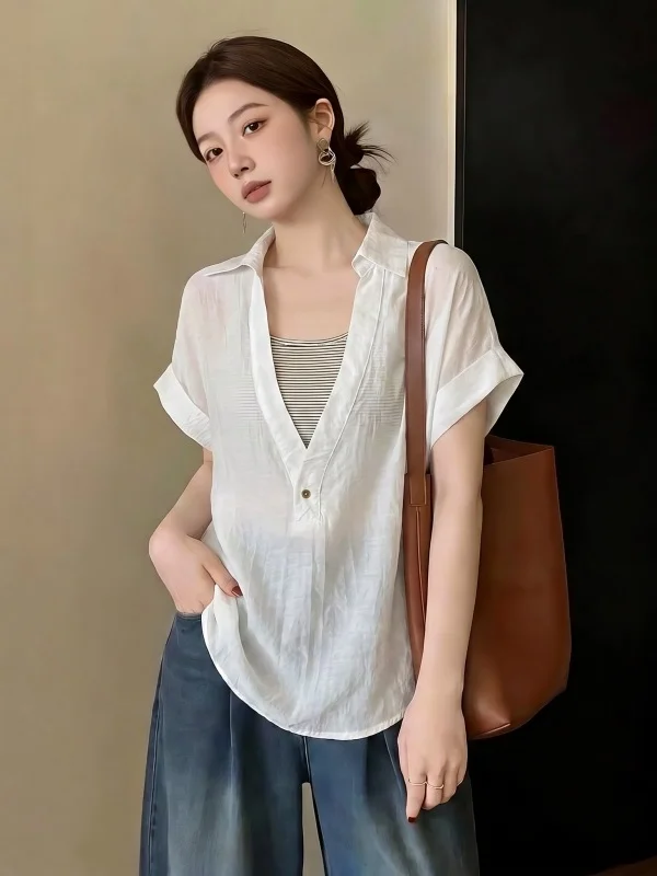 Elegant V-neck Short Sleeve Shirt Women's plus Size Mid-Length Top Korean Style Commute Fashion Loose Fit Summer New Arrival
Elegant V-neck Short Sleeve Shirt Women's plus Size Mid-Length Top Korean Style Commute Fashion Loose Fit Summer New Arrival